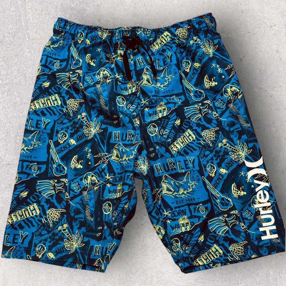 Hurley Board Shorts Men's Small 9" Blue Shark Surf Graphic 28-30 Waist Swim